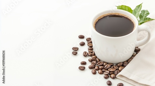 Minimalism, cup of coffee on white table, coffee beans, napkin, space for text. For a website dedicated to coffee topics, articles about coffee, recipes, blogs about healthy lifestyle