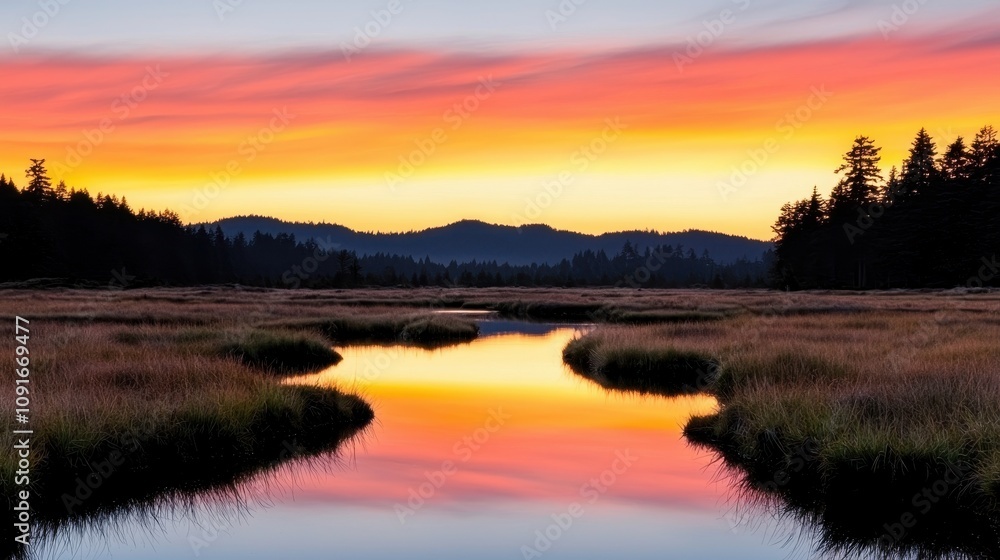 Fototapeta premium Serene Sunrise over Mountain Pond and Forest