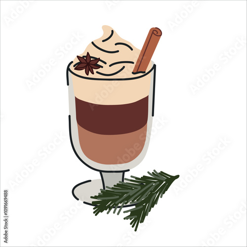 Frappuccino with cinnamon and Christmas tree decoration. Irish coffee. Vector illustration in flat style. White isolated background.