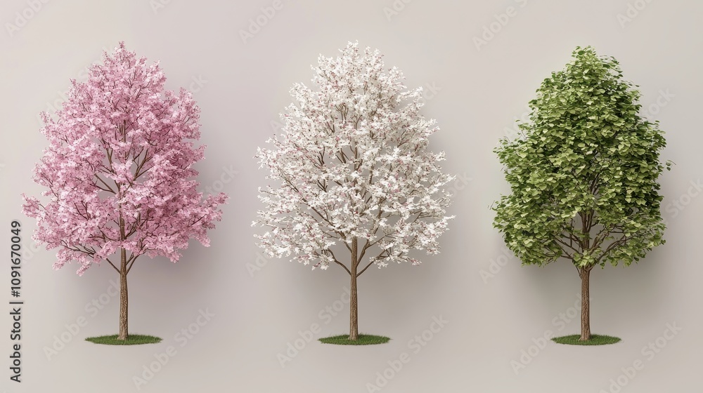 Obraz premium Three 3D Rendered Trees Pink White Green Spring Blossoms