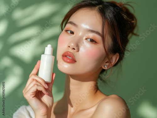 Radiant Natural Beauty: Skincare Model with Serum Bottle