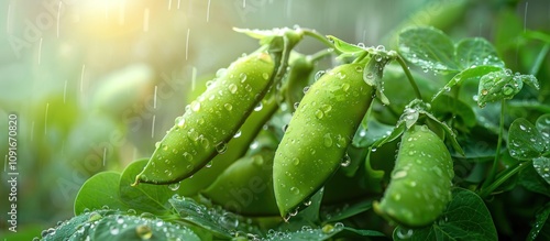 Fresh Green Pea Pods Glistening with Dew Drops