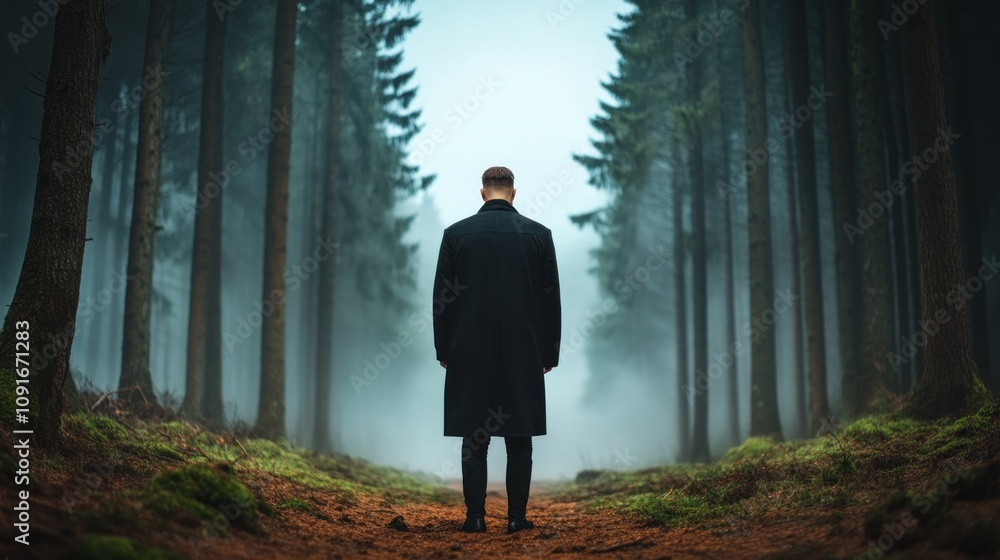 man dressed in a long coat stands with his back to the camera in a tranquil forest. Dense fog envelops the trees while the forest floor is covered in leaves and moss man dressed in a long coat stands with his back to the camera in a tranquil forest. Dense fog envelops the trees while the forest floor is covered in leaves and moss