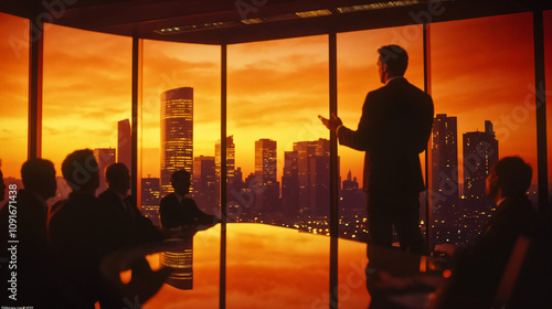 Businessmen in futuristic glowing headquarters: silhouettes in a tech-driven corporate environment photo