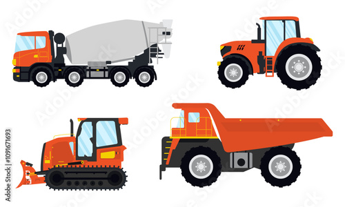 Set of colorful vector illustrations of construction equipment. Concrete mixer, tractor, bulldozer and dump truck. Ideal for construction, transportation and heavy equipment themes.