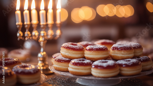 Hanukkah Jelly Doughnuts with Menorah and Festive Display photo