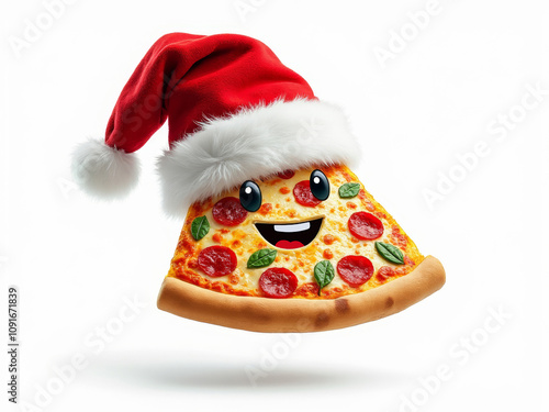 Festive Pizza Slice: Cute Christmas Food Character with Santa Hat