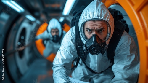 Two individuals in protective suits and gas masks carefully navigate a high-tech corridor. advanced setting features bright lights and orange accents, suggesting a critical mission photo