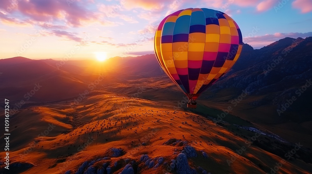Obraz premium A stunning hot air balloon floats majestically over rolling hills during a colorful sunset, showcasing the beauty of nature and adventure combined in one captivating scene.