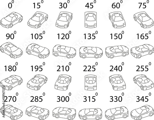 A set of 24 luxury cars from different angles. Rotation of the sport car in outline by 15 degrees for animation.  
