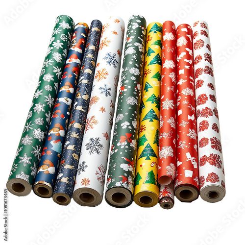 Christmas wrapping paper rolls isolated on white transparent png background