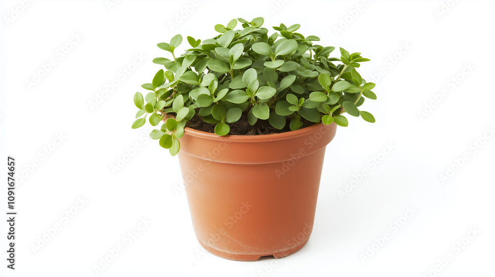 Fototapeta premium A close-up of a small plant in a pot, centered on a white background, no shadow present