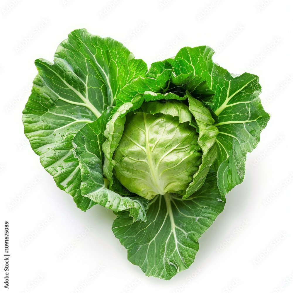 Obraz premium Freshly harvested green cabbage with intact outer leaves, isolated on a white background