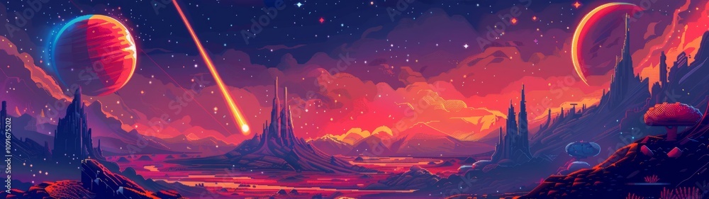 Obraz premium Futuristic alien landscape with two planets, comet streak, and surreal rock formations. Vibrant pixel art design for cosmic exploration and sci-fi concepts. Generative AI