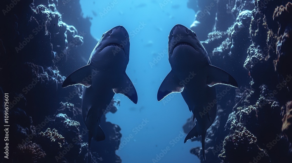 Fototapeta premium Majestic Sharks Swimming Coral Reef Ocean Wildlife Underwater