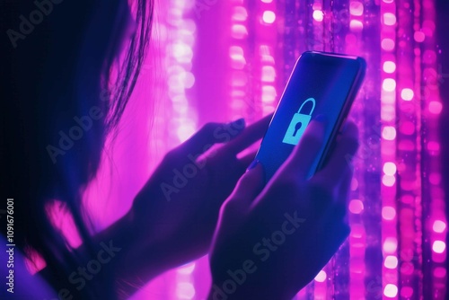 Person holding a smartphone with a digital lock on the screen. Cybersecurity concept