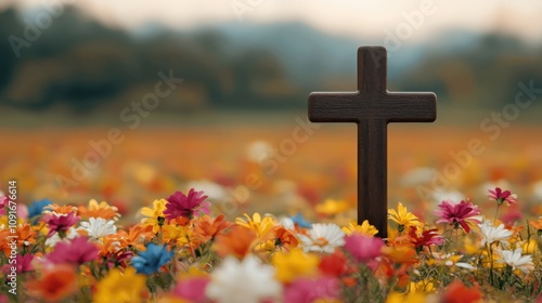 Wooden Cross in Colorful Flower Field Peaceful Nature Scene