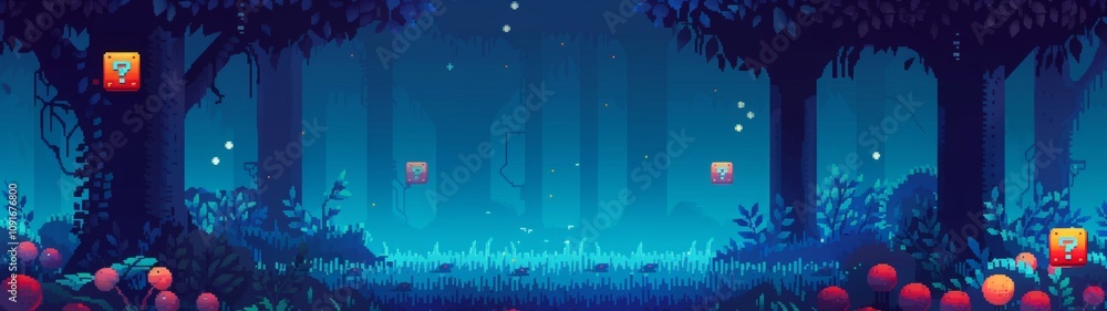 Pixel art enchanted forest with question blocks, glowing plants, and ...