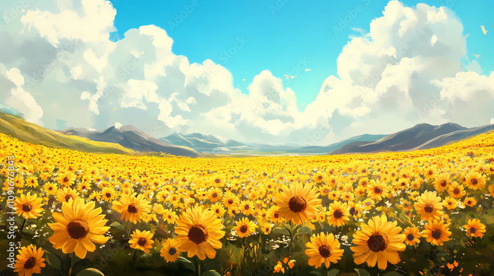 Fototapeta premium Vibrant yellow sunflowers stretch towards the horizon, creating a stunningly picturesque view of an endless golden sea of flowers. Endless Golden Fields. Illustration