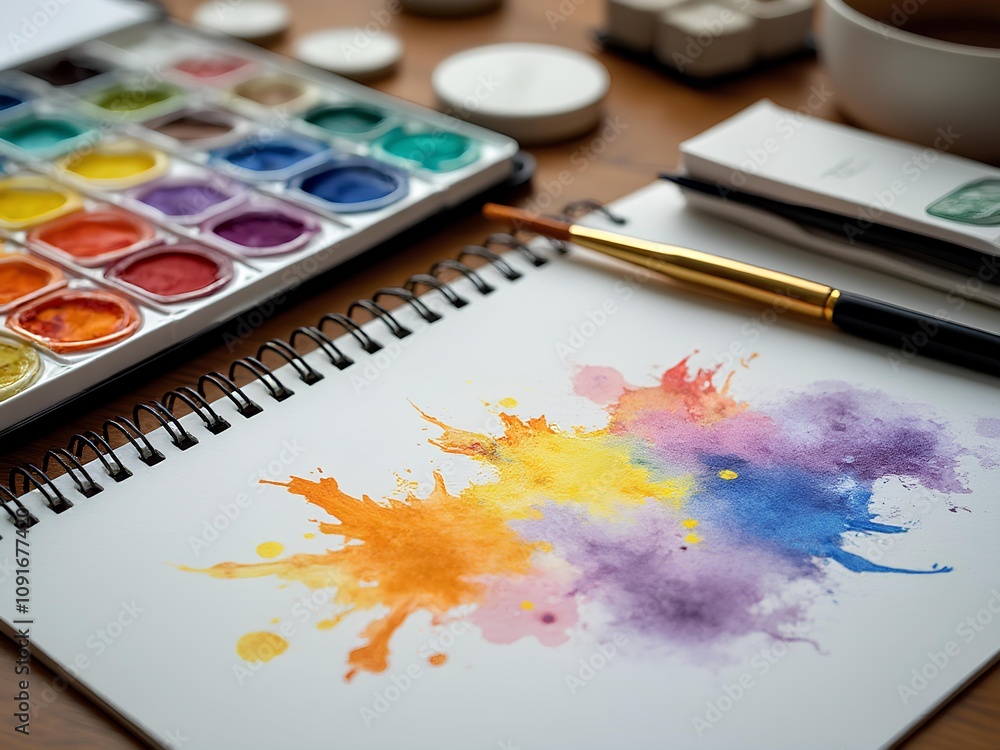 Fototapeta premium Artist table with water color palette, paint brush, drawing paper