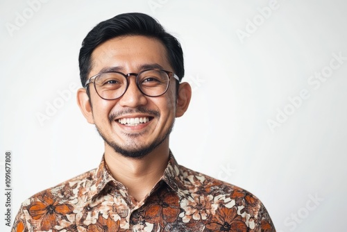 asian muslim man wearing white clothes smiling to give greeting during ramadan