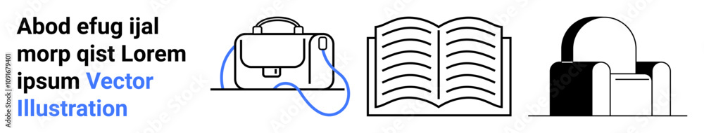 Backpack, open book, and chair icons with blue text. Ideal for education, office, workplace, study materials, e-learning, reading resources, and webinars. Landing page Backpack, open book, and chair icons with blue text. Ideal for education, office, workplace, study materials, e-learning, reading resources, and webinars. Landing page