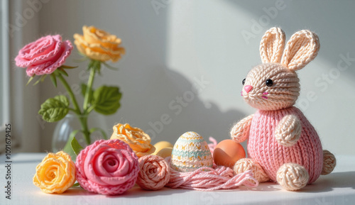 Knitted Easter bunny with colorful eggs and flowers in a bright, cheerful setting