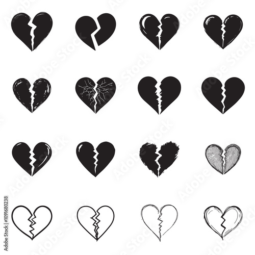 Collection of different black  hand drawn broken heart illustration, Hand drawn hearts.Vector symbol icon set