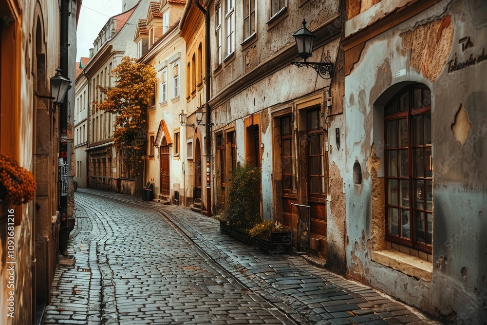 Fototapeta premium A narrow, cobblestone street winds through a quaint European town, featuring colorful buildings, old lamps, and hints of autumn foliage against a cloudy sky.