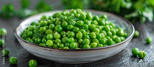 Bowl of Fresh Green Peas on a Dark Surface