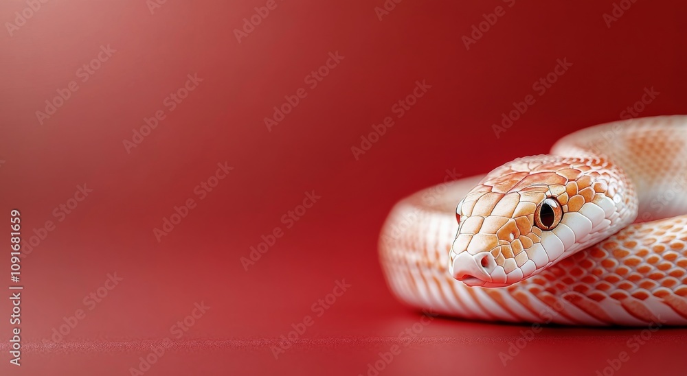 Fototapeta premium Colorful snake curled on a vivid red background creating a striking visual effect