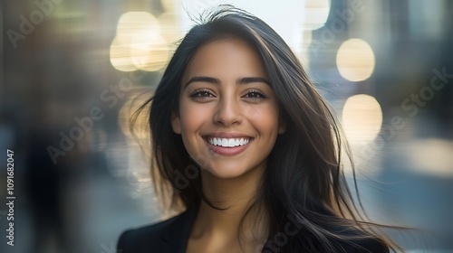 A Young Woman Smiles Brightly Outdoors photo