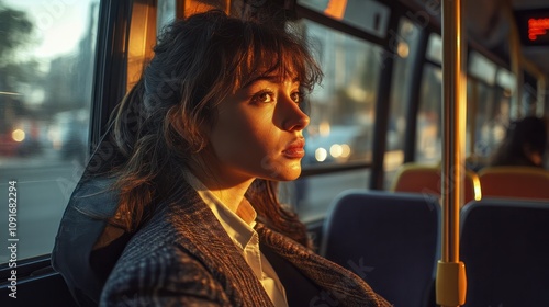 SalariÃ© en tÃ©lÃ©travail dans les transports en commun : femme voilÃ©e prenant le bus avec ses affaires photo