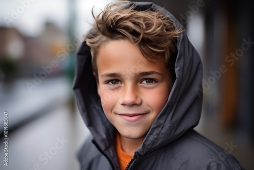 Portrait of a boy in a hoodie smiling at the camera