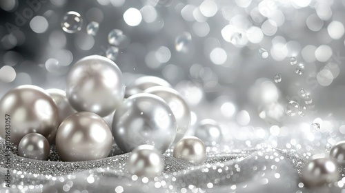 Elegant silver grey backdrop, pearl silver pearls nested centrally, highlighted by delicate silver glitter and enhanced with flying bubbles for an abstract background