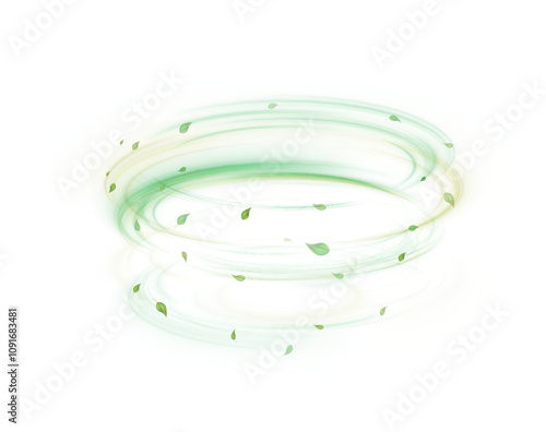 Green bright wind lines swirl in a circle with flying tea and mint leaves on a white background.