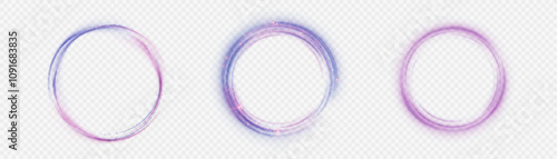 Glowing purple circle on white background. Glowing ring with bright backlight. Round purple frame with bright shine. Luxury element for advertising. Vector