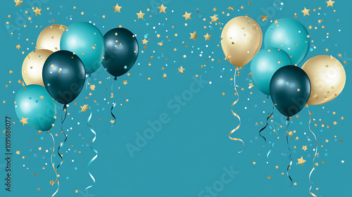 A wide banner with balloons and confetti, a blue background with gold stars and ribbons, balloons in shades of dark turquoise and light sky blue. Birthday party illustration celebration backdrop.