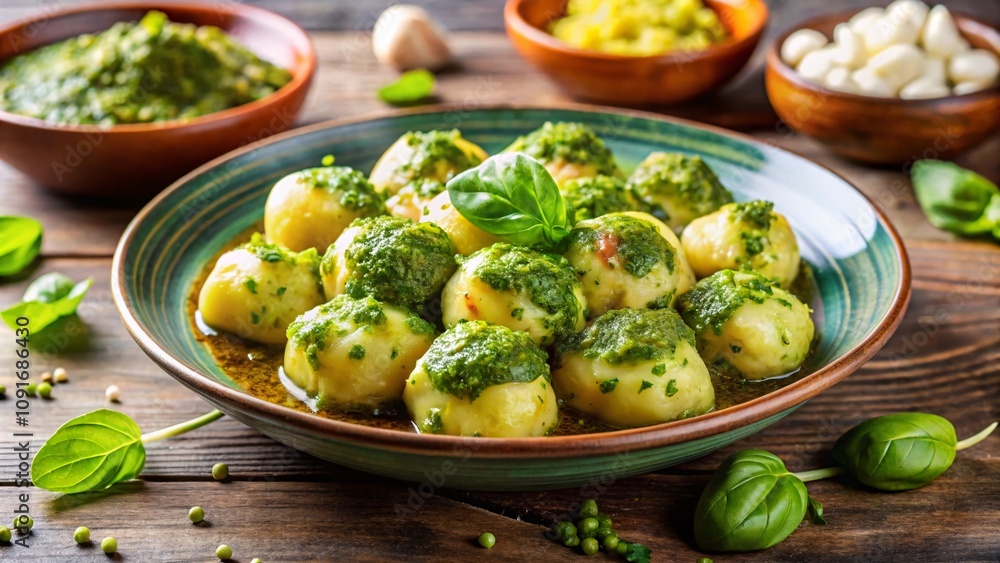 Soft potato dumplings in a vibrant pesto sauce. Soft potato dumplings in a vibrant pesto sauce.