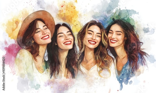 Four young women smiling and embracing diversity and inclusion Happy lady group for International Women s day, watercolor style illustration photo