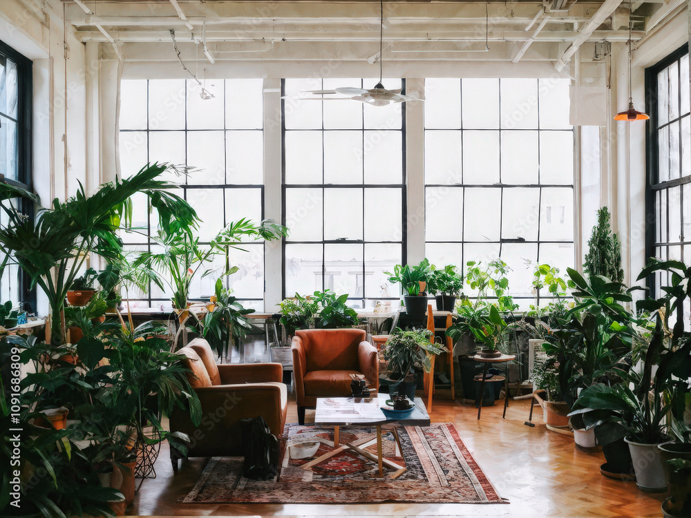 A sunlit room brimming with potted plants, eclectic furniture, and natural light streaming through large windows, creating a serene and inviting ambiance. Generative AI A sunlit room brimming with potted plants, eclectic furniture, and natural light streaming through large windows, creating a serene and inviting ambiance. Generative AI