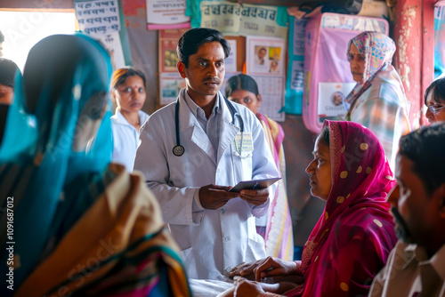 A realistic image of a doctor providing medical care to patients in a rural health center in India. Showcase the dedicated physician, diverse patients