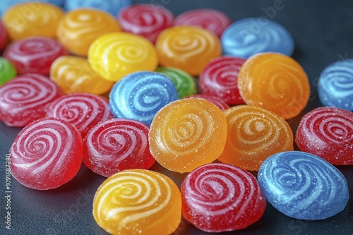 Colorful assorted hard candy sweets with spiral patterns for parties and celebrations photo