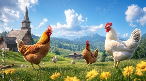 A group of chickens roams freely in a lush green meadow filled with wildflowers. Behind them, a charming wooden church stands against a backdrop of rolling mountains and a clear blue sky