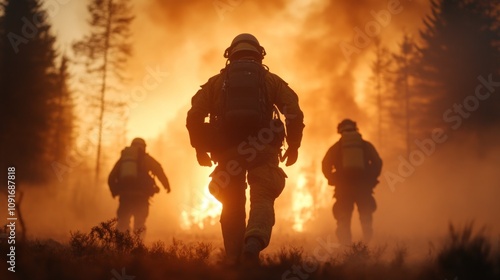 Firefighters are bravely advancing toward a large wildfire engulfing trees as smoke fills the air. The setting sun casts a dramatic glow, highlighting their heroic actions during the emergency