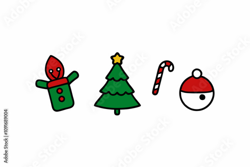 Christmas elements set icons design. Christmas collection of bells, santa, deer, angel, nutcracker, cookies, showman, snowstar, drums, mitten, candy, sock, tree