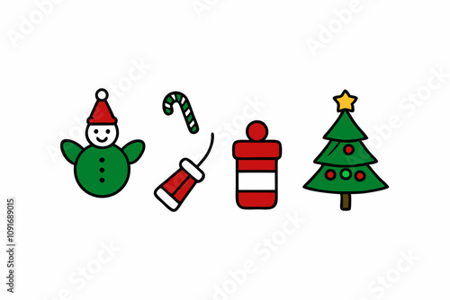 Christmas elements set icons design. Christmas collection of bells, santa, deer, angel, nutcracker, cookies, showman, snowstar, drums, mitten, candy, sock, tree