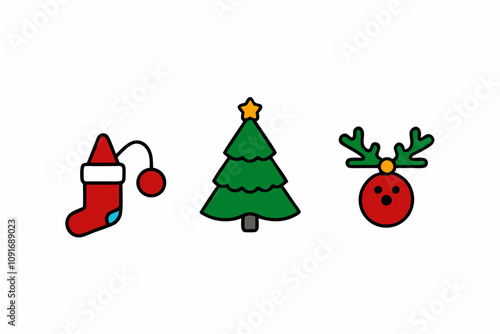 Christmas elements set icons design. Christmas collection of bells, santa, deer, angel, nutcracker, cookies, showman, snowstar, drums, mitten, candy, sock, tree