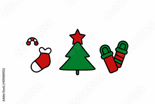 Christmas elements set icons design. Christmas collection of bells, santa, deer, angel, nutcracker, cookies, showman, snowstar, drums, mitten, candy, sock, tree