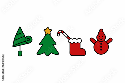 Christmas elements set icons design. Christmas collection of bells, santa, deer, angel, nutcracker, cookies, showman, snowstar, drums, mitten, candy, sock, tree
